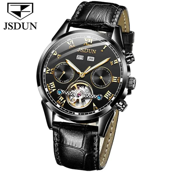 JSDUN 8908 Men's Luxury Automatic Mechanical Complete Calendar Luminous Watch - Full Black