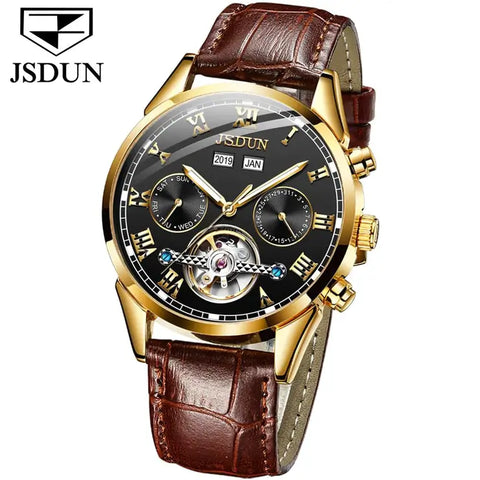 JSDUN 8908 Men's Luxury Automatic Mechanical Complete Calendar Luminous Watch - Gold Black Face Brown Leather Strap