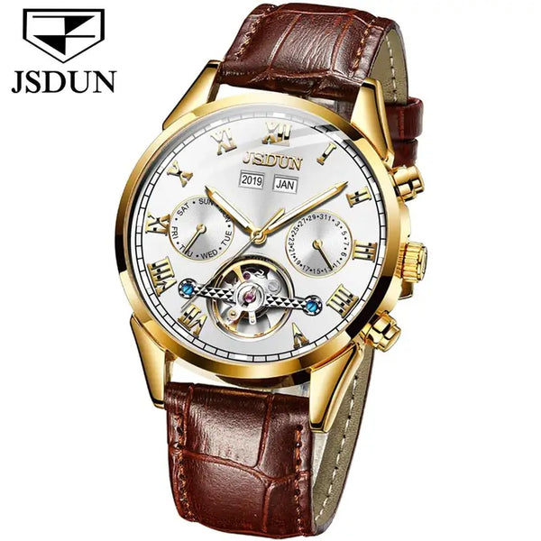 JSDUN 8908 Men's Luxury Automatic Mechanical Complete Calendar Luminous Watch - Gold White Face Brown Leather Strap