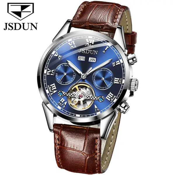 JSDUN 8908 Men's Luxury Automatic Mechanical Complete Calendar Luminous Watch - Silver Blue Face Brown Leather Strap