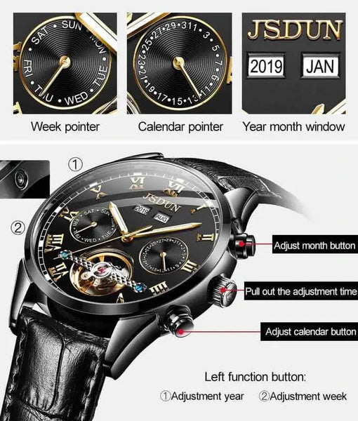 JSDUN 8908 Men's Luxury Automatic Mechanical Complete Calendar Luminous Watch - Features