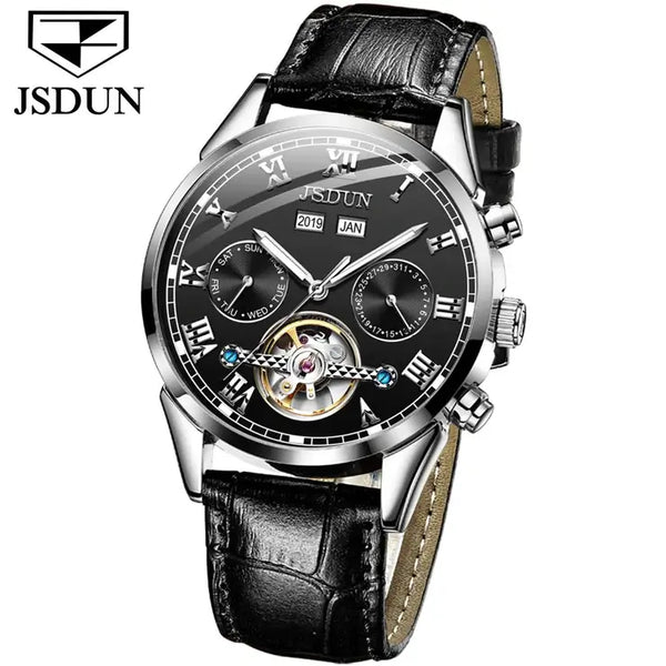 JSDUN 8908 Men's Luxury Automatic Mechanical Complete Calendar Luminous Watch - Silver Black Face Black Leather Strap