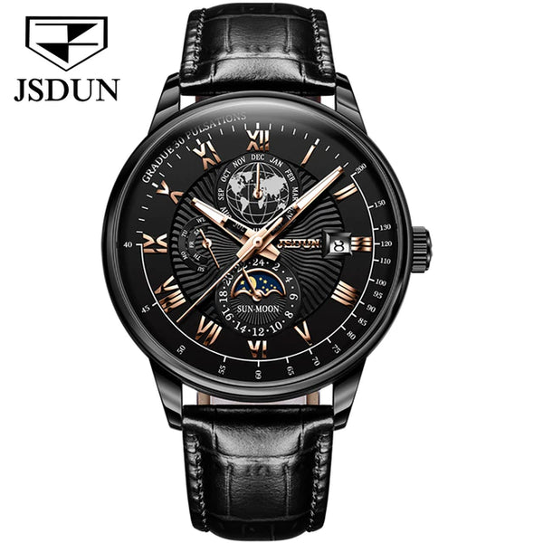 JSDUN 8909 Men's Luxury Automatic Mechanical Moon Phase Watch - Full Black