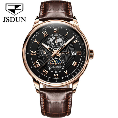 JSDUN 8909 Men's Luxury Automatic Mechanical Moon Phase Watch - Gold Black Face Brown Leather Strap