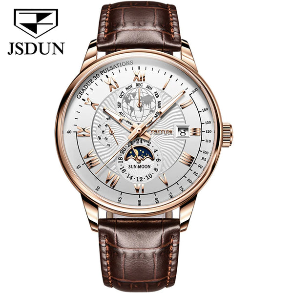 JSDUN 8909 Men's Luxury Automatic Mechanical Moon Phase Watch - Gold White Face Brown Leather Strap