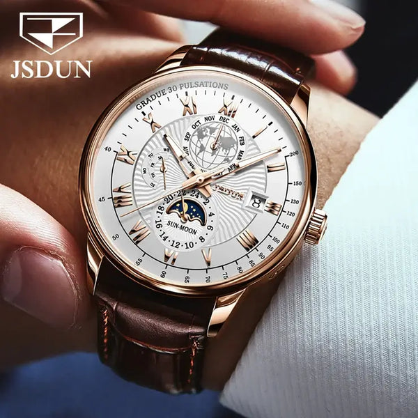 JSDUN 8909 Men's Luxury Automatic Mechanical Moon Phase Watch - Model Picture Gold White Face