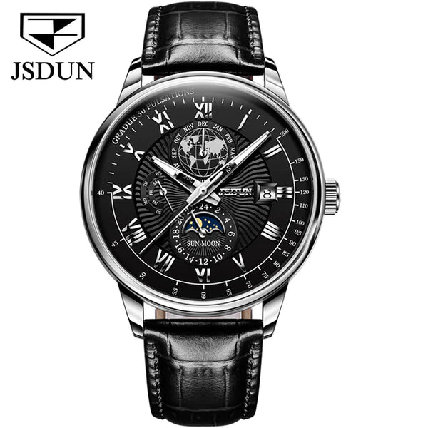 JSDUN 8909 Men's Luxury Automatic Mechanical Moon Phase Watch - Silver Black Face Black Leather Strap