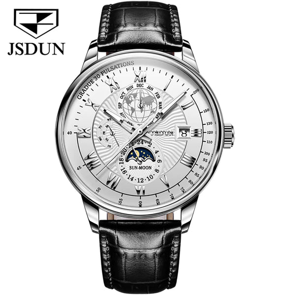 JSDUN 8909 Men's Luxury Automatic Mechanical Moon Phase Watch - Silver White Face Black Leather Strap