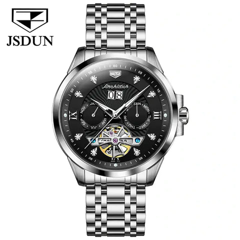 JSDUN 8911 Men's Luxury Automatic Mechanical Hollow Design Luminous Watch - Silver Black Face