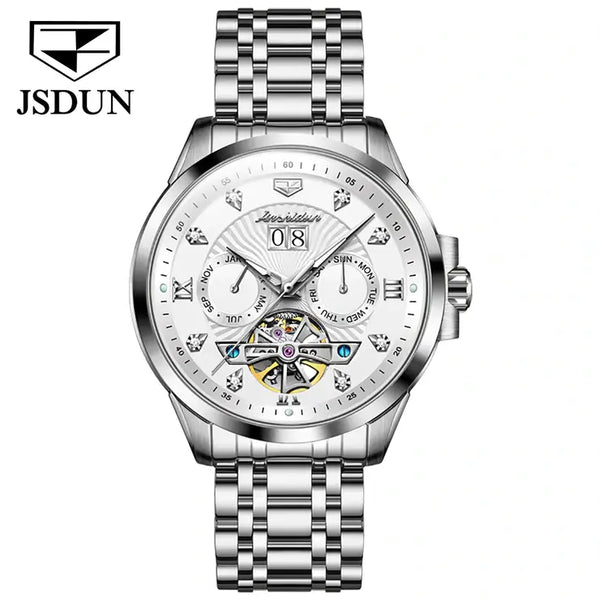 JSDUN 8911 Men's Luxury Automatic Mechanical Hollow Design Luminous Watch - Silver White Face