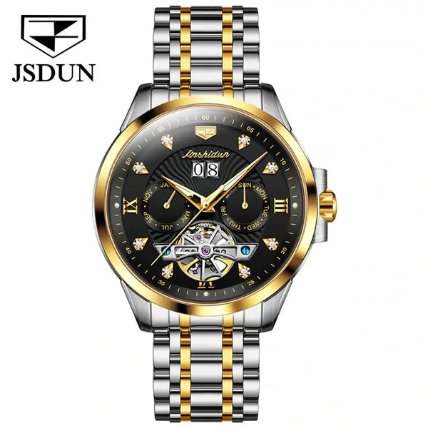 JSDUN 8911 Men's Luxury Automatic Mechanical Hollow Design Luminous Watch - Two Tone Black Face