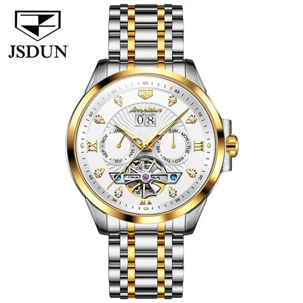 JSDUN 8911 Men's Luxury Automatic Mechanical Hollow Design Luminous Watch - Two Tone White Face