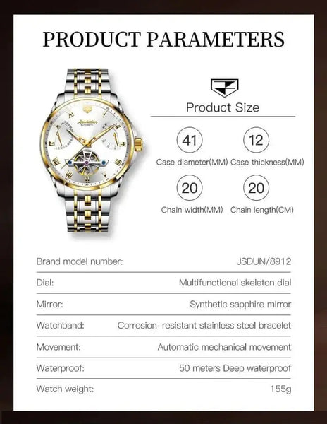 JSDUN 8912 Men's Luxury Automatic Mechanical Luminous Watch - Specifications