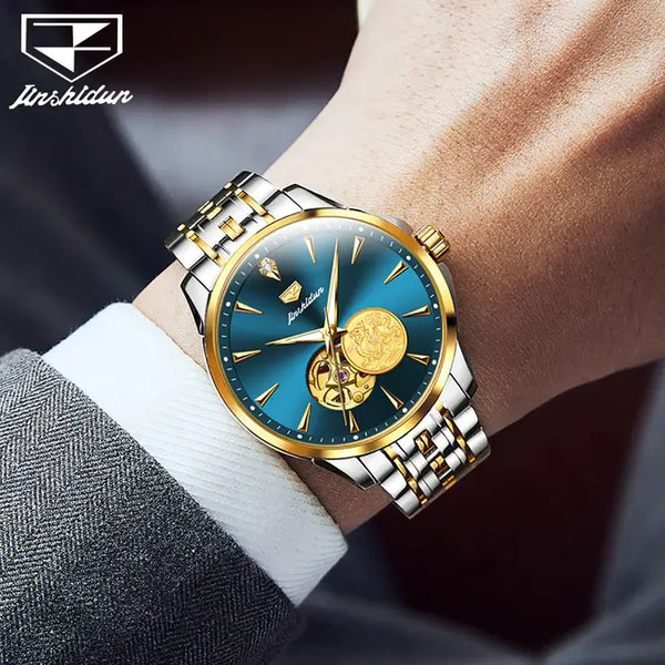 JSDUN 8913 Men's Luxury Automatic Mechanical Gold PIXIU Design Luminous Watch - Model Picture Blue Face