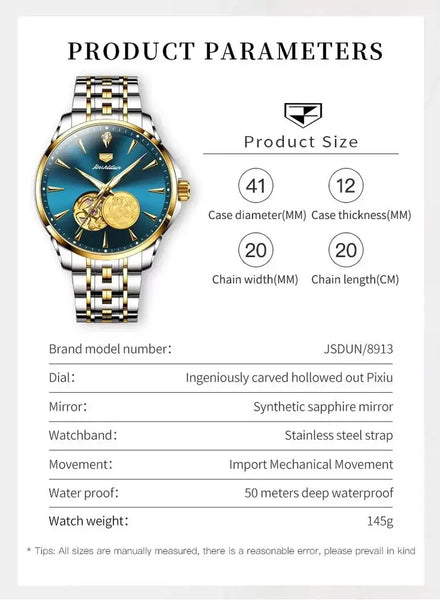 JSDUN 8913 Men's Luxury Automatic Mechanical Gold PIXIU Design Luminous Watch - Specifications