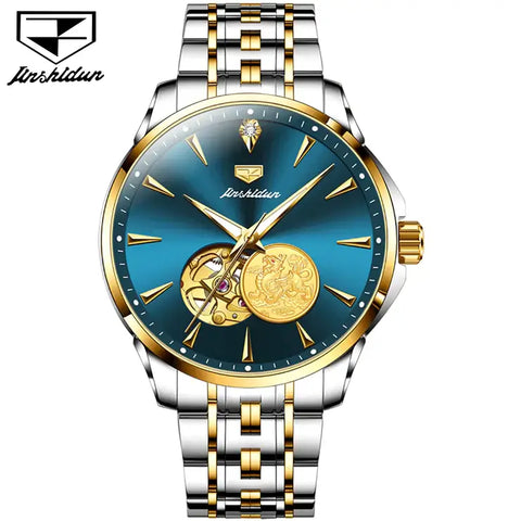 JSDUN 8913 Men's Luxury Automatic Mechanical Gold PIXIU Design Luminous Watch - Two Tone Blue Face