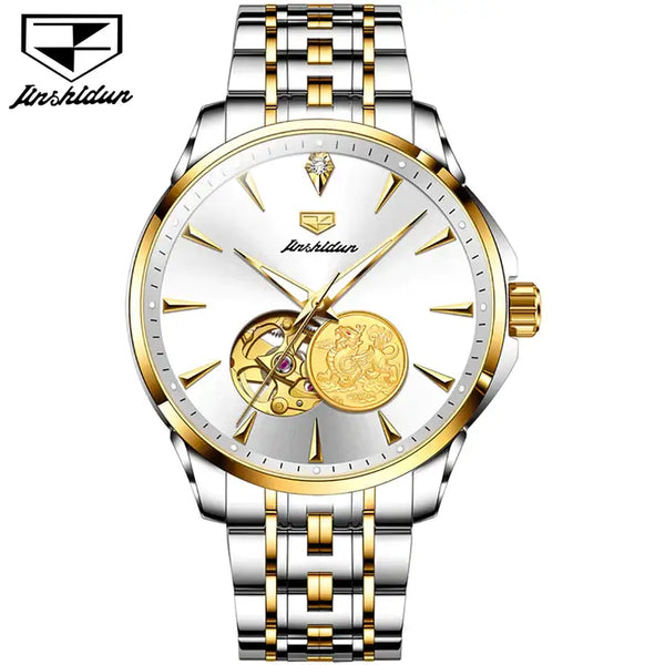 JSDUN 8913 Men's Luxury Automatic Mechanical Gold PIXIU Design Luminous Watch - Two Tone White Face