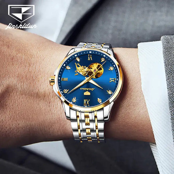 JSDUN 8913 Men's Luxury Automatic Mechanical Gold Bull Design Luminous Watch - Model Picture Blue Face