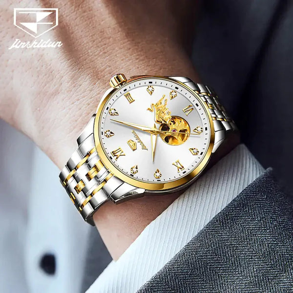 JSDUN 8913 Men's Luxury Automatic Mechanical Gold Bull Design Luminous Watch - Model Picture White Face