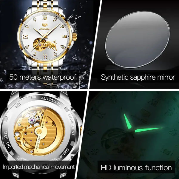 JSDUN 8913 Men's Luxury Automatic Mechanical Gold Bull Design Luminous Watch - Multiple Features