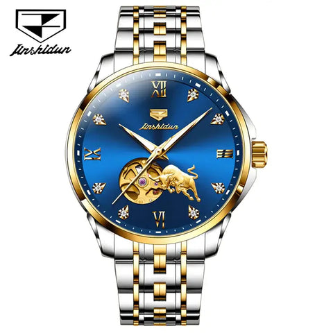 JSDUN 8913 Men's Luxury Automatic Mechanical Gold Bull Design Luminous Watch - Two Tone Blue Face