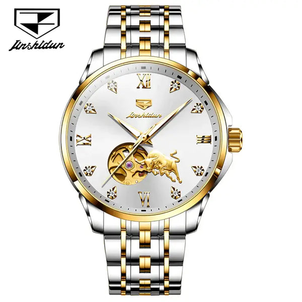 JSDUN 8913 Men's Luxury Automatic Mechanical Gold Bull Design Luminous Watch - Two Tone White Face