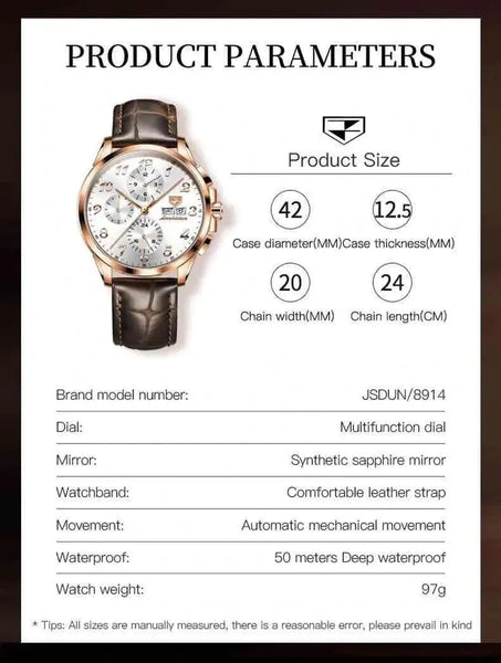 JSDUN 8914 Men's Luxury Automatic Mechanical Luminous Watch - Specifications