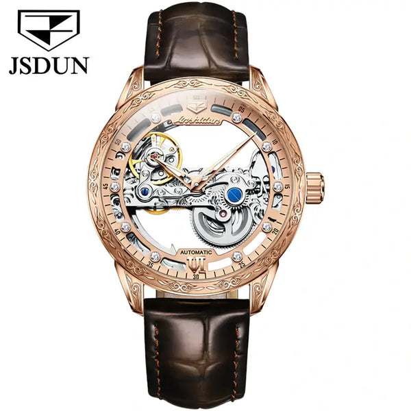 JSDUN 8917 Men's Luxury Automatic Mechanical Skeleton Design Luminous Watch - Full Rose Gold