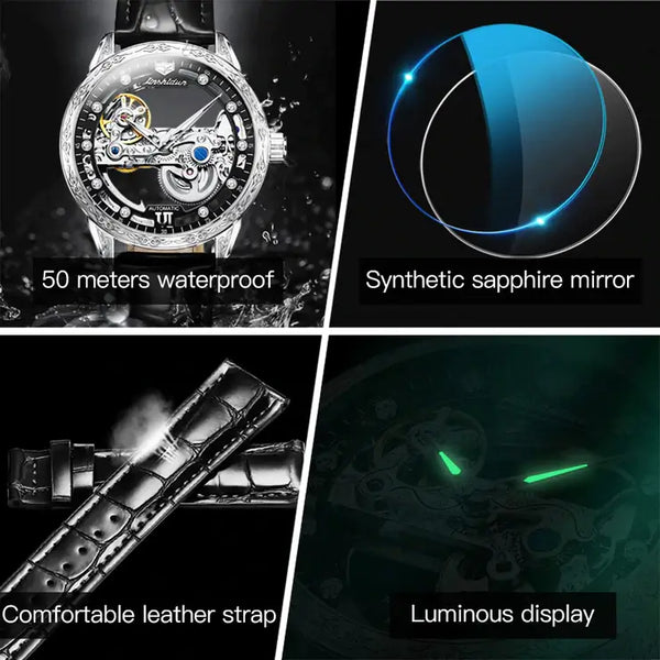 JSDUN 8917 Men's Luxury Automatic Mechanical Skeleton Design Luminous Watch - Multiple Features