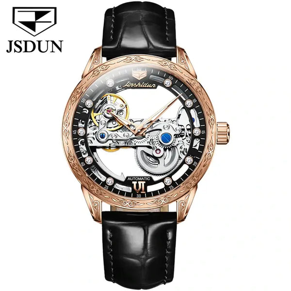 JSDUN 8917 Men's Luxury Automatic Mechanical Skeleton Design Luminous Watch - Rose Gold Black Face