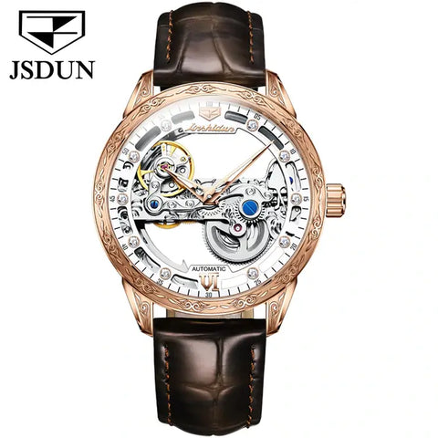 JSDUN 8917 Men's Luxury Automatic Mechanical Skeleton Design Luminous Watch - Rose Gold White Face