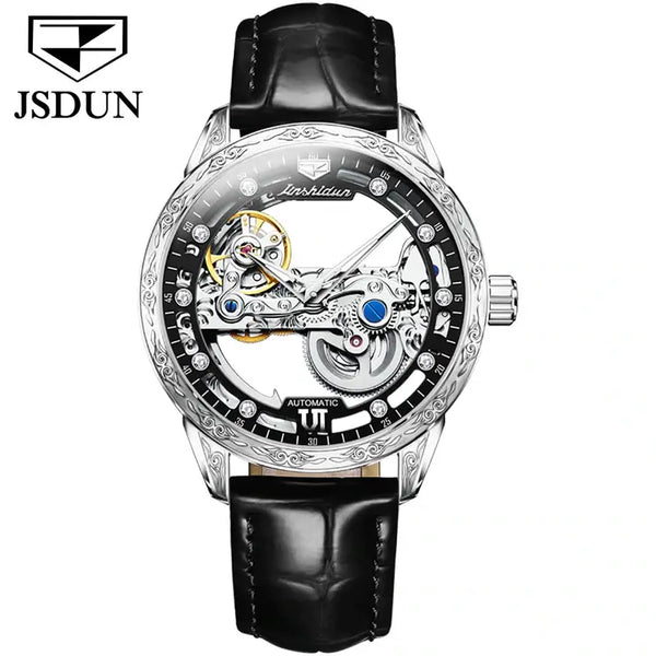 JSDUN 8917 Men's Luxury Automatic Mechanical Skeleton Design Luminous Watch - Silver Black Face