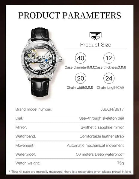 JSDUN 8917 Men's Luxury Automatic Mechanical Skeleton Design Luminous Watch - Specifications