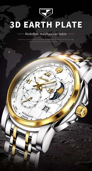 JSDUN 8920 Men's Luxury Automatic Mechanical Moon Phase Watch - 3D Earth Plate