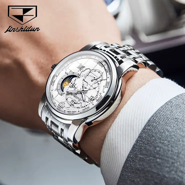 JSDUN 8920 Men's Luxury Automatic Mechanical Moon Phase Watch - Model Picture Silver White