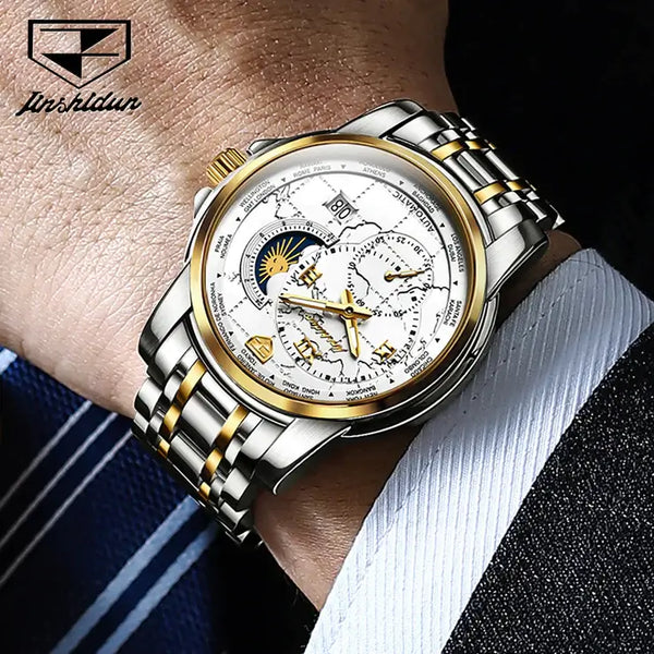 JSDUN 8920 Men's Luxury Automatic Mechanical Moon Phase Watch - Model Picture Two Tone White