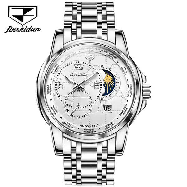 JSDUN 8920 Men's Luxury Automatic Mechanical Moon Phase Watch - Silver White Face