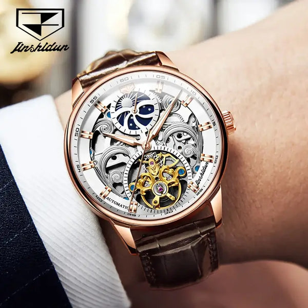 JSDUN 8922 Men's Luxury Automatic Mechanical Skeleton Design Watch With Moon Phase - Model Picture Rose Gold