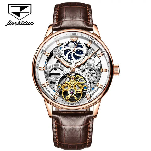 JSDUN 8922 Men's Luxury Automatic Mechanical Skeleton Design Watch With Moon Phase - Rose Gold White Brown Leather Strap