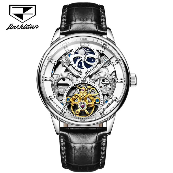 JSDUN 8922 Men's Luxury Automatic Mechanical Skeleton Design Watch With Moon Phase - Silver White Black Leather Strap