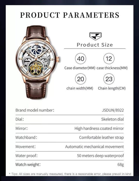 JSDUN 8922 Men's Luxury Automatic Mechanical Skeleton Design Watch With Moon Phase - Specifications