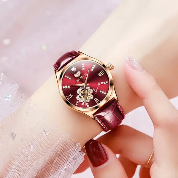 JSDUN 8924 Women's Luxury Automatic Mechanical Lucky Clover Design Luminous Watch - Model Picture Wine Red Face