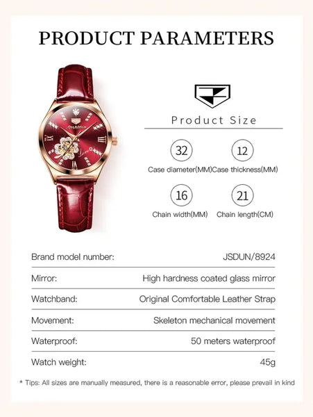 JSDUN 8924 Women's Luxury Automatic Mechanical Lucky Clover Design Luminous Watch - Specifications