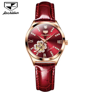 JSDUN 8924 Women's Luxury Automatic Mechanical Lucky Clover Design Luminous Watch - Wine Red Face And Leather Strap