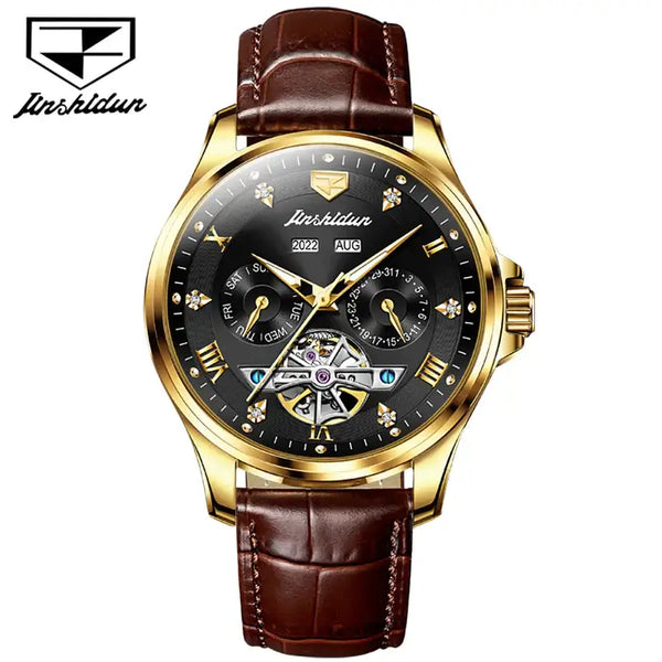 JSDUN 8926 Men's Luxury Automatic Mechanical Complete Calendar Luminous Watch - Gold Black Face Brown Leather Strap