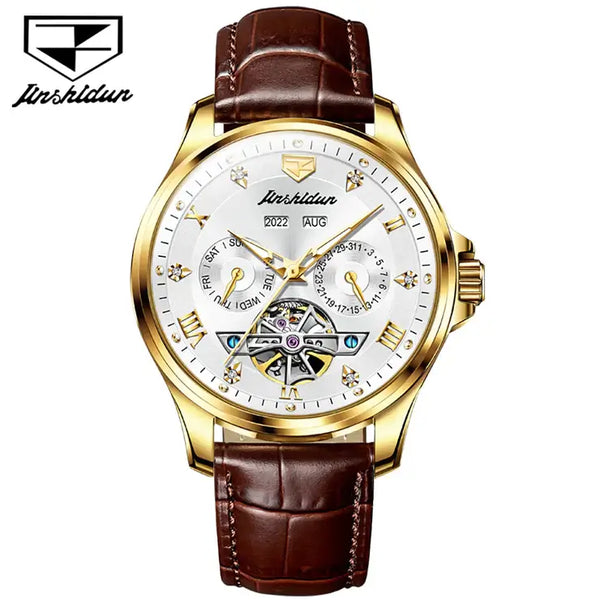 JSDUN 8926 Men's Luxury Automatic Mechanical Complete Calendar Luminous Watch - Gold White Face Brown Leather Strap