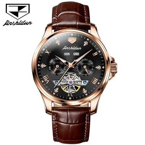 JSDUN 8926 Men's Luxury Automatic Mechanical Complete Calendar Luminous Watch - Rose Gold Black Face Brown Leather Strap
