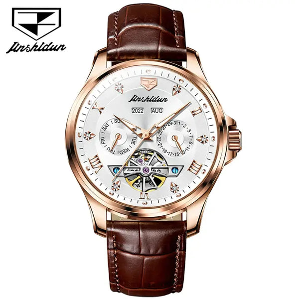 JSDUN 8926 Men's Luxury Automatic Mechanical Complete Calendar Luminous Watch - Rose Gold White Face Brown Leather Strap