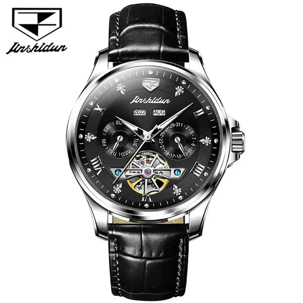 JSDUN 8926 Men's Luxury Automatic Mechanical Complete Calendar Luminous Watch - Silver Black Face Black Leather Strap