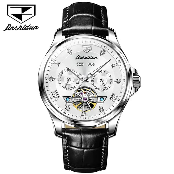 JSDUN 8926 Men's Luxury Automatic Mechanical Complete Calendar Luminous Watch - Silver White Face Black Leather Strap